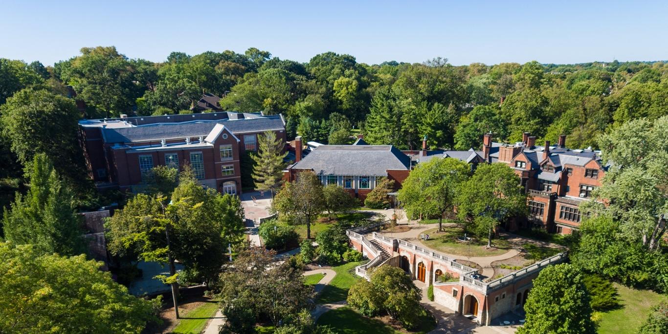 Photo of redbrick academic buildings sit on Chatham University's Shadyside campus in 匹兹堡. 